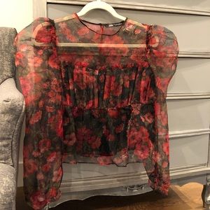 Zara Floral Sheer Blouse with Puff Sleeves Size S